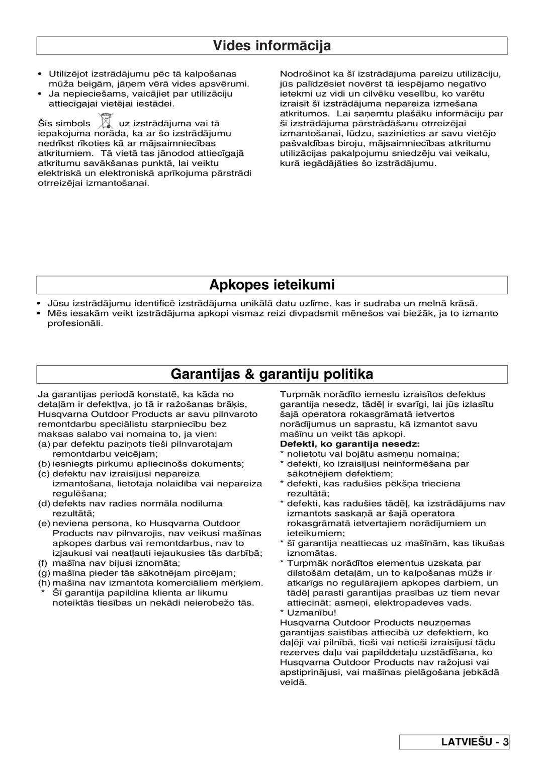 Flymo VM032 manual Vides informcija, Apkopes ieteikumi, Garantijas & garantiju politika, Defekti, ko garantija nesedz 