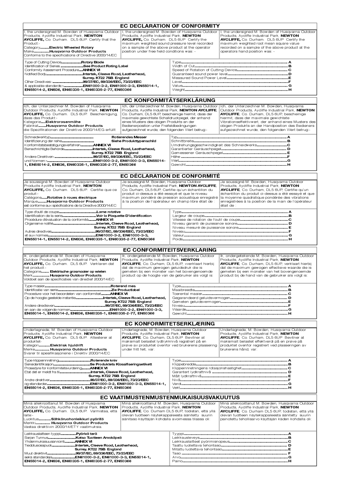 Flymo VM032 manual EC Declaration of Conformity 