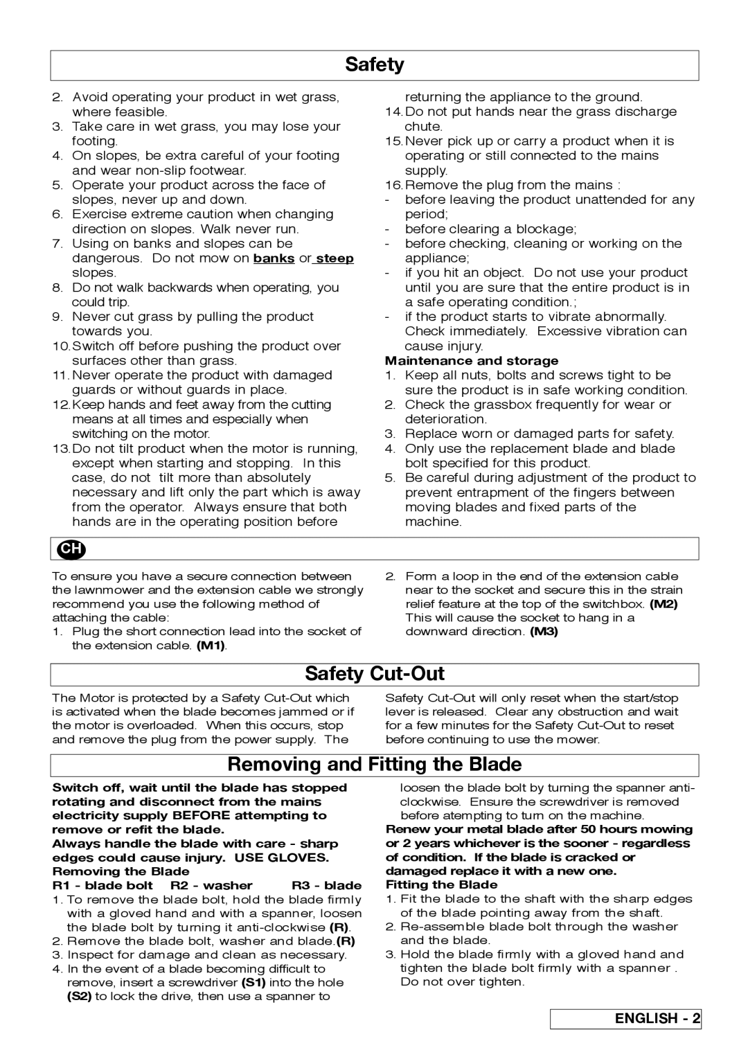 Flymo VM032 manual Safety Cut-Out, Removing and Fitting the Blade, Maintenance and storage 