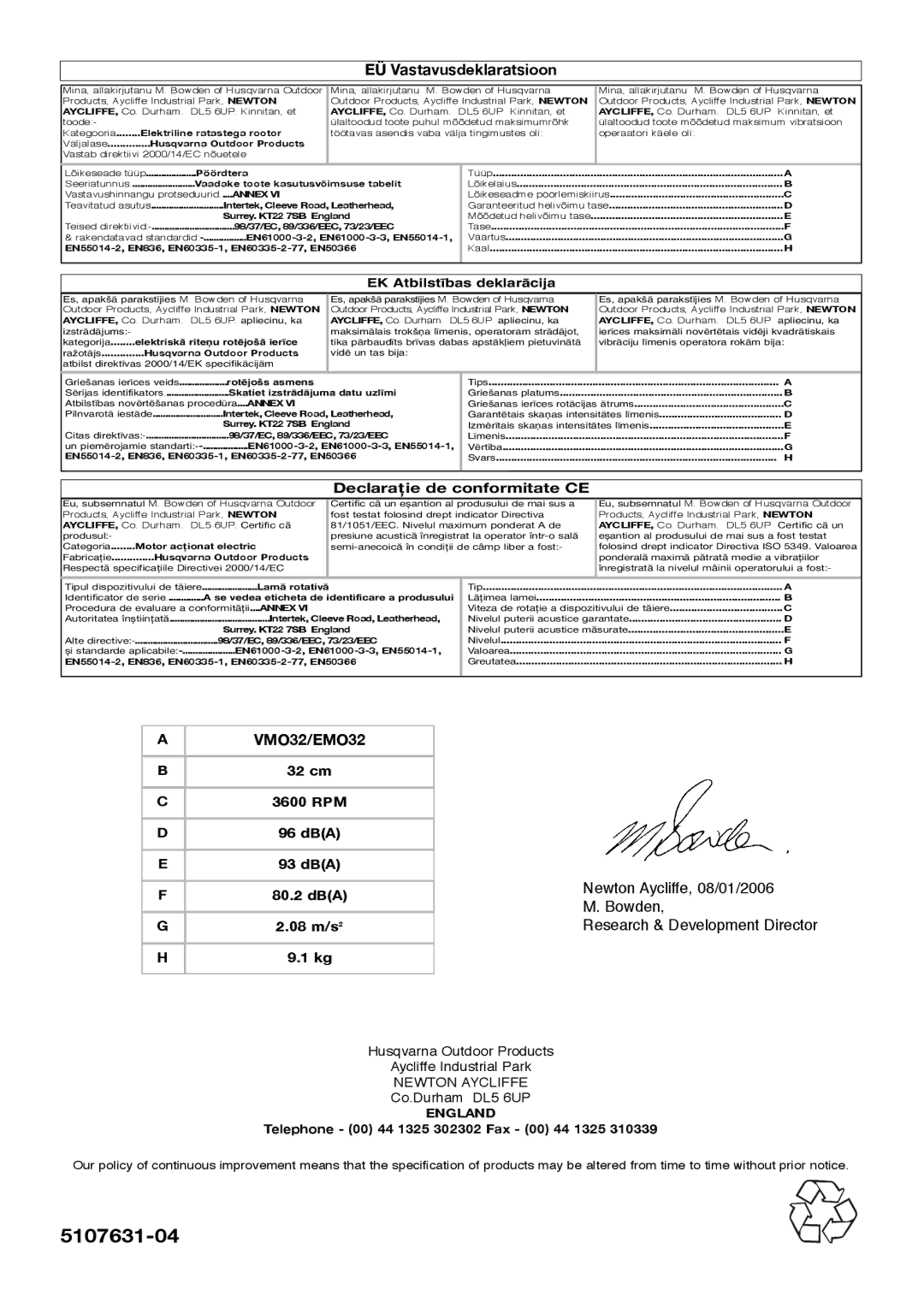 Flymo VM032 manual EÜ Vastavusdeklaratsioon, Declaraţie de conformitate CE, VMO32/EMO32 