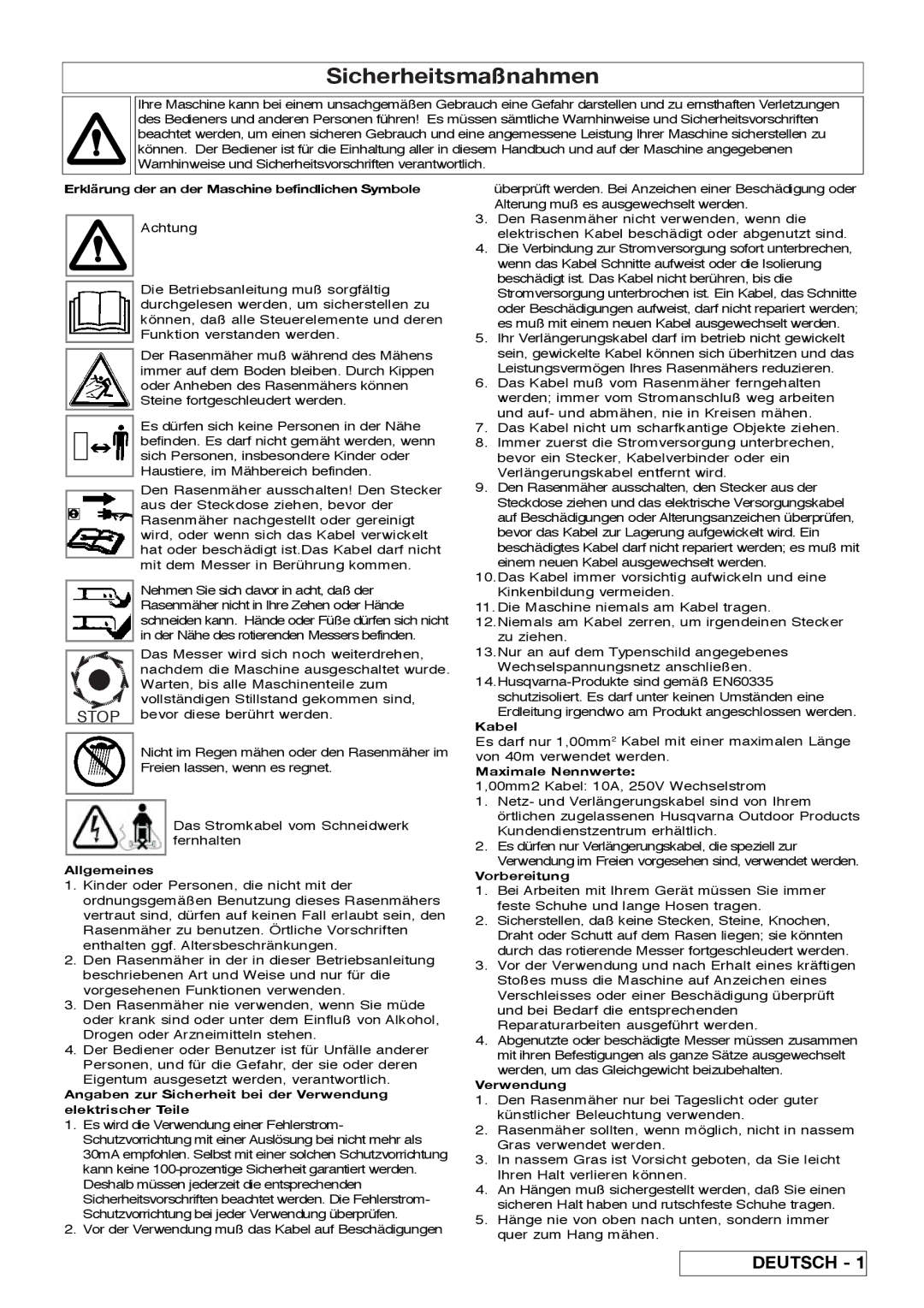 Flymo VM032 manual Sicherheitsmaßnahmen, Erklärung der an der Maschine befindlichen Symbole 