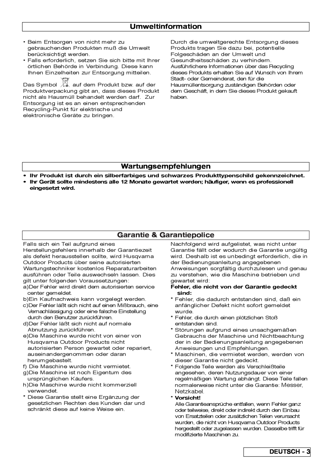 Flymo VM032 manual Umweltinformation, Wartungsempfehlungen, Garantie & Garantiepolice, Deutsch, Vorsicht 