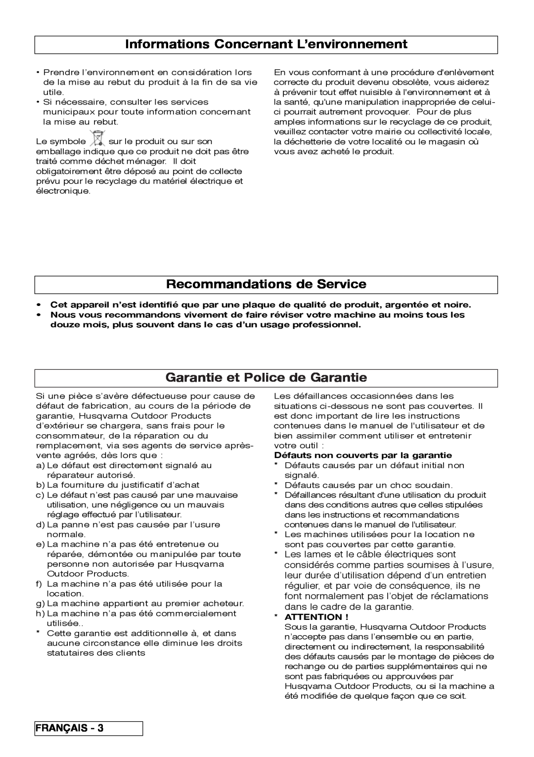 Flymo VM032 Informations Concernant L’environnement, Recommandations de Service, Garantie et Police de Garantie, Français 