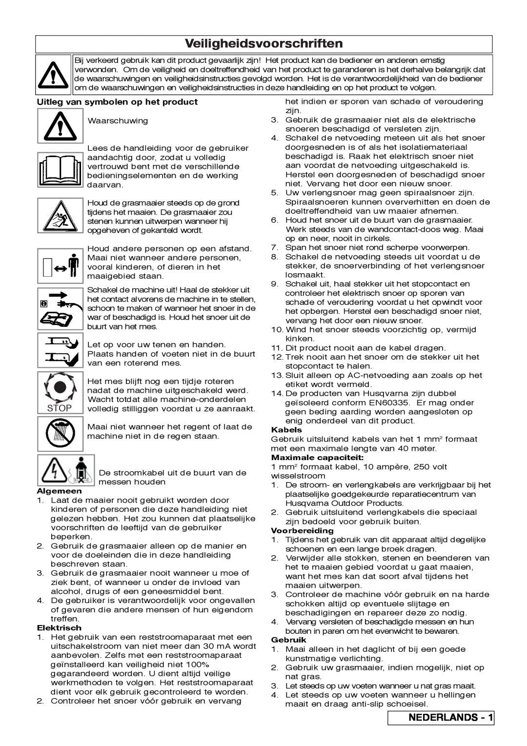 Flymo VM032 manual Veiligheidsvoorschriften, Nederlands, Uitleg van symbolen op het product, Algemeen, Elektrisch, Kabels 