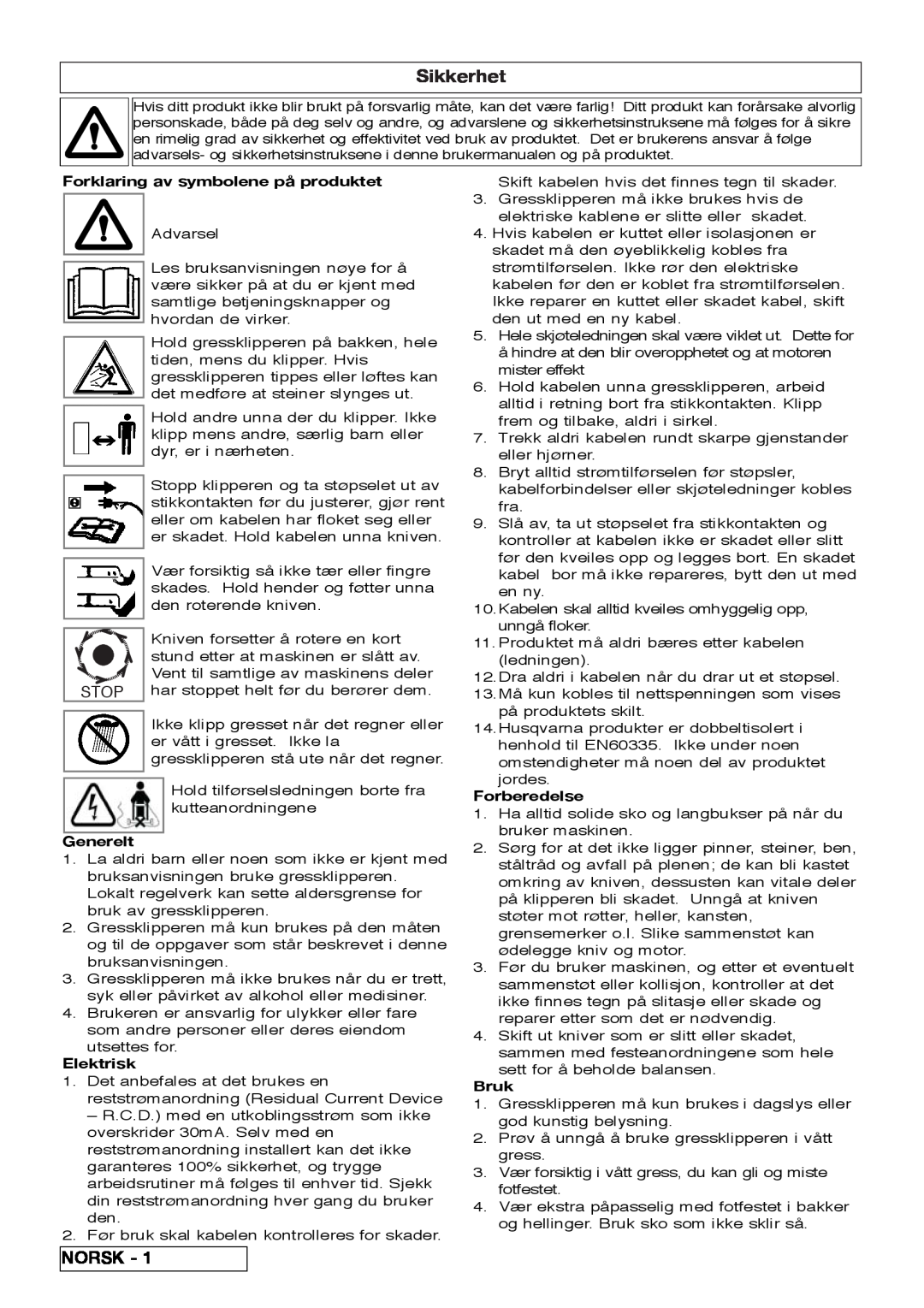 Flymo VM032 manual Sikkerhet, Norsk, Forklaring av symbolene på produktet, Generelt, Elektrisk, Forberedelse, Bruk 