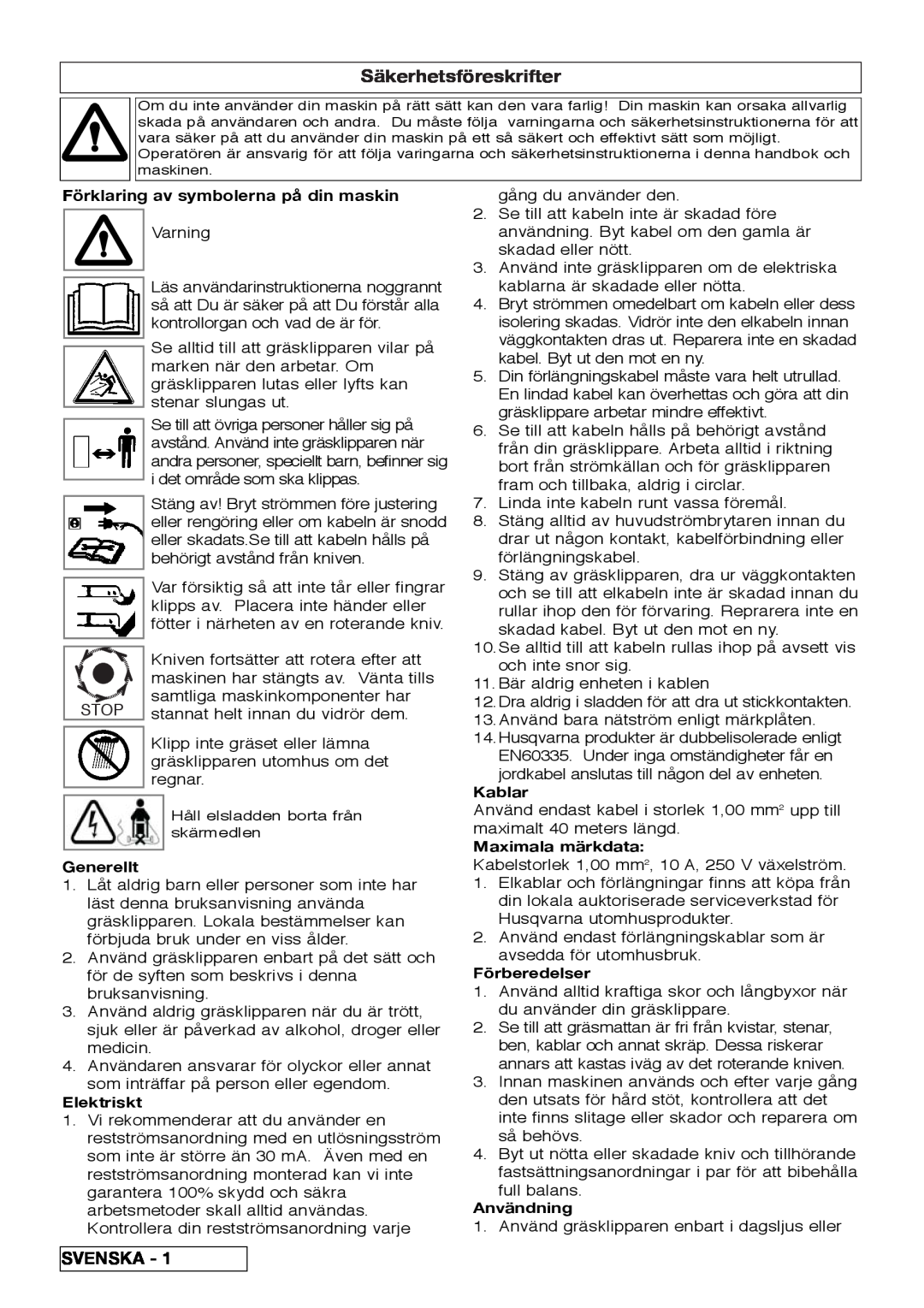 Flymo VM032 manual Säkerhetsföreskrifter, Svenska, Förklaring av symbolerna på din maskin, Generellt, Elektriskt, Kablar 
