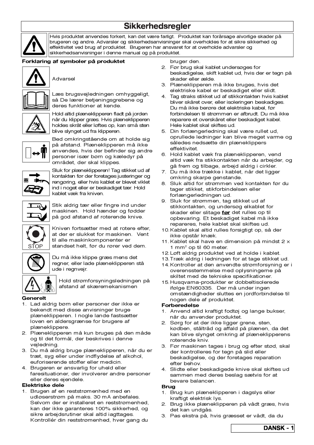 Flymo VM032 Sikkerhedsregler, Dansk, Forklaring af symboler på produktet, Generelt, Elektriske dele, Forberedelse, Brug 