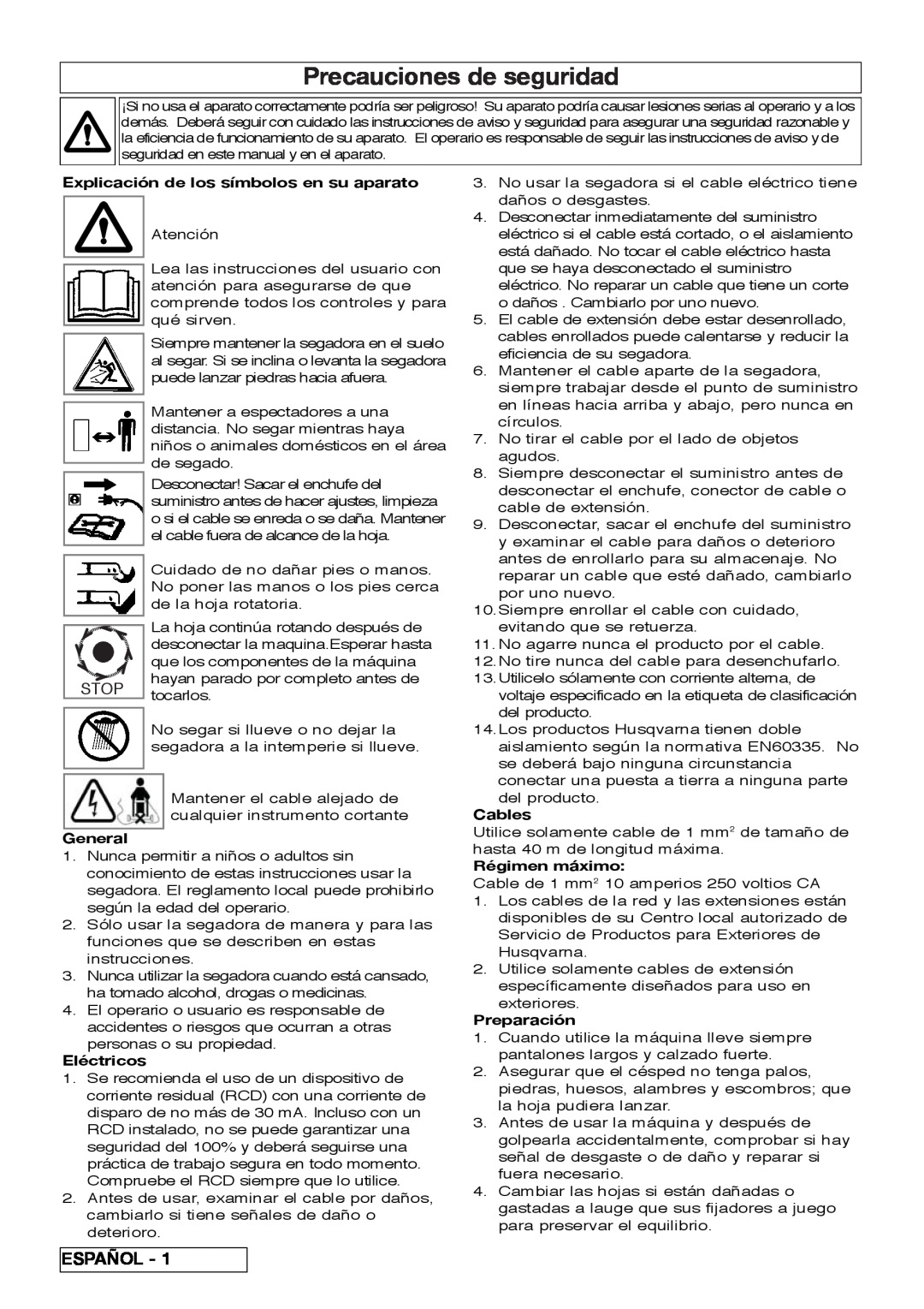 Flymo VM032 manual Precauciones de seguridad, Español, Stop, Explicación de los símbolos en su aparato, General, Eléctricos 