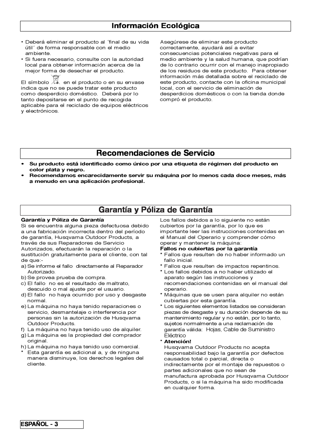 Flymo VM032 manual Recomendaciones de Servicio, Garantía y Póliza de Garantía, Información Ecológica, Español, Atención 