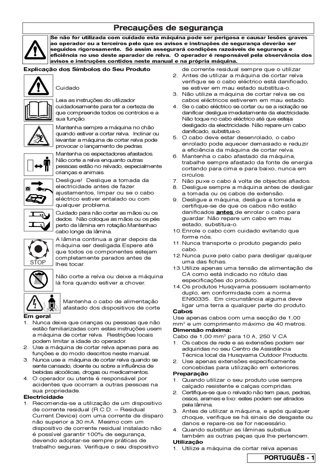Flymo VM032 Precauções de segurança, Português, Explicação dos Símbolos do Seu Produto, Em geral, Electricidade, Cabos 