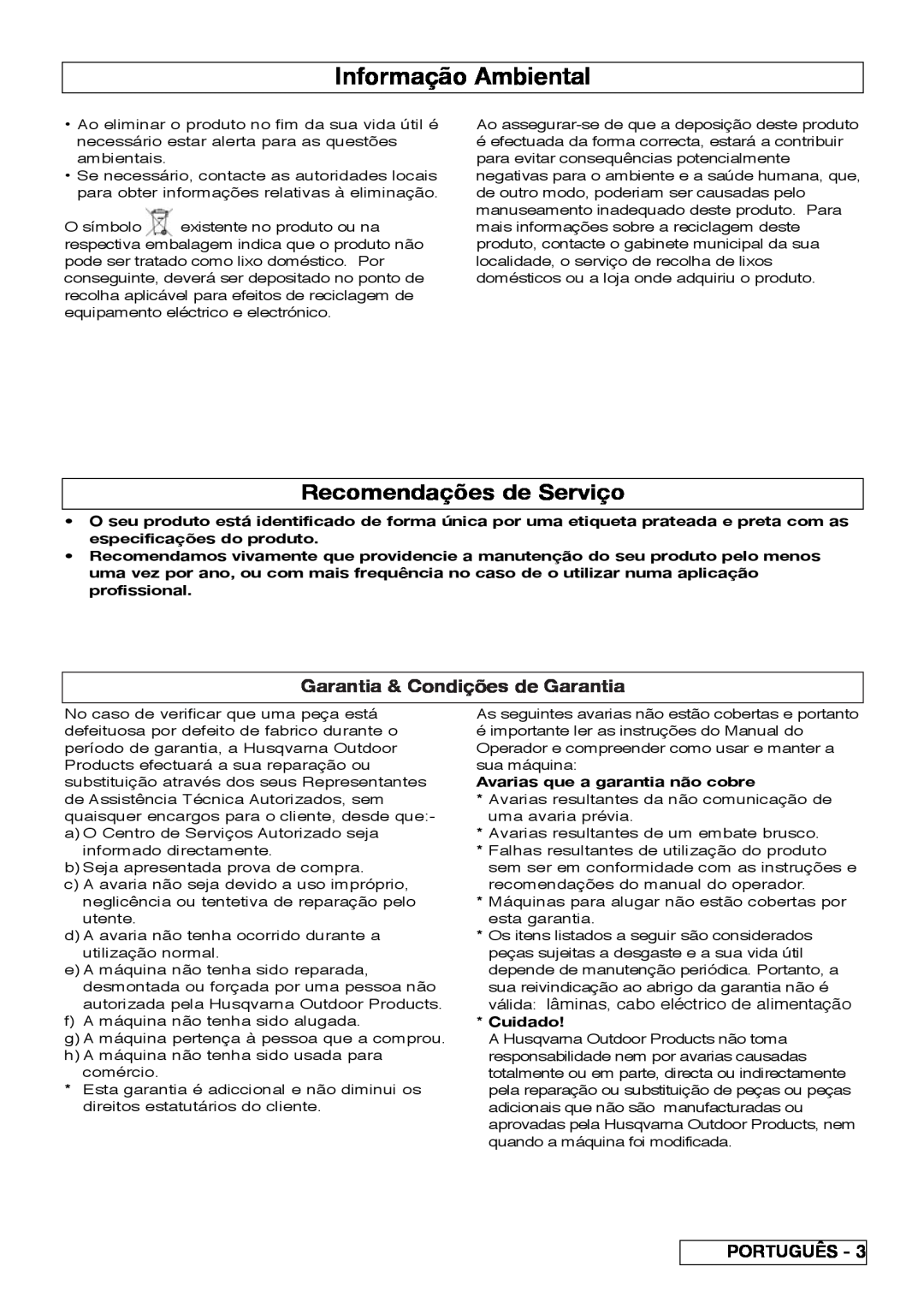 Flymo VM032 manual Informação Ambiental, Recomendações de Serviço, Garantia & Condições de Garantia, Português 