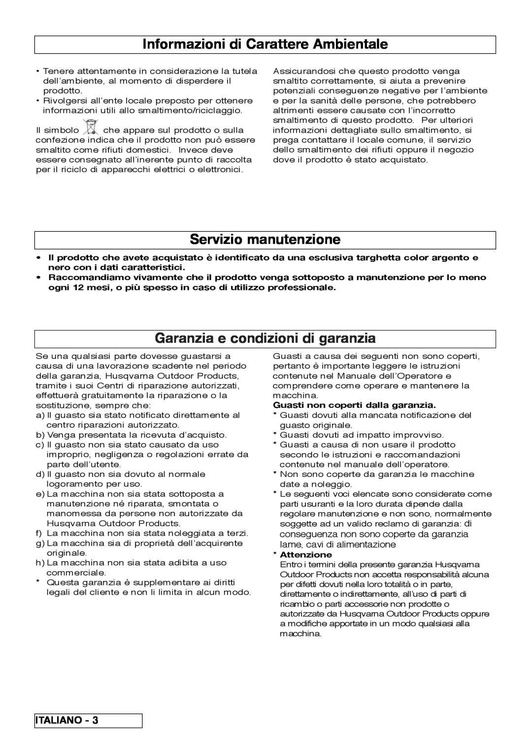 Flymo VM032 manual Informazioni di Carattere Ambientale, Servizio manutenzione, Garanzia e condizioni di garanzia, Italiano 