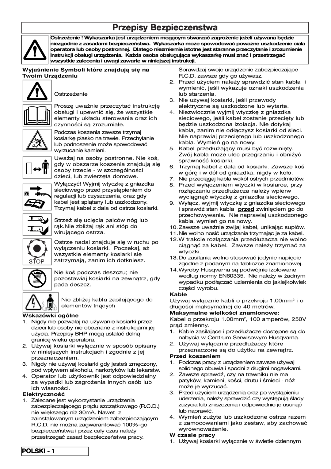 Flymo VM032 manual Przepisy Bezpieczenstwa, Polski, Wskazówki ogólne, Elektryczność, Kable, Maksymalne wielkości znamionowe 