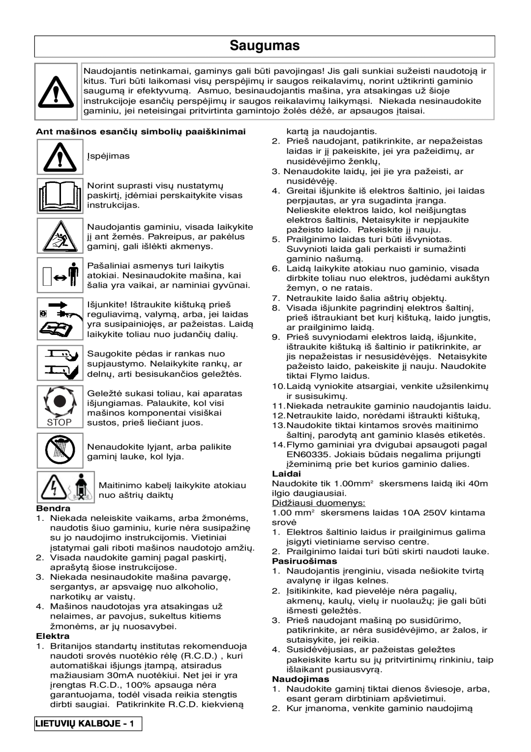 Flymo VM032 manual Saugumas, Ant mašinos esančiÅ simboliÅ paaiškinimai, Bendra, Elektra, Laidai, Pasiruošimas, Naudojimas 