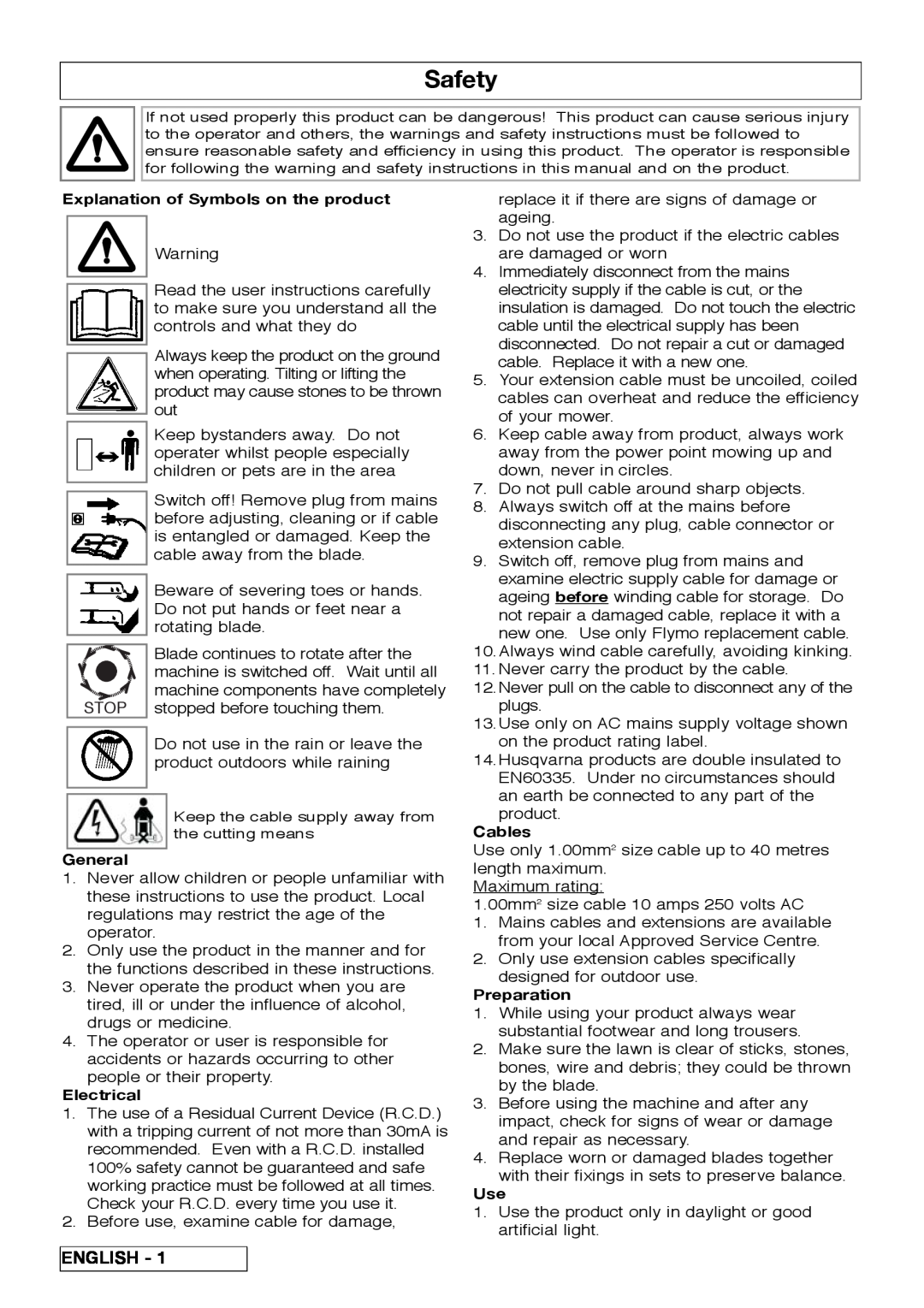 Flymo VM032 manual Safety, English, Explanation of Symbols on the product, General, Electrical, Cables, Preparation 