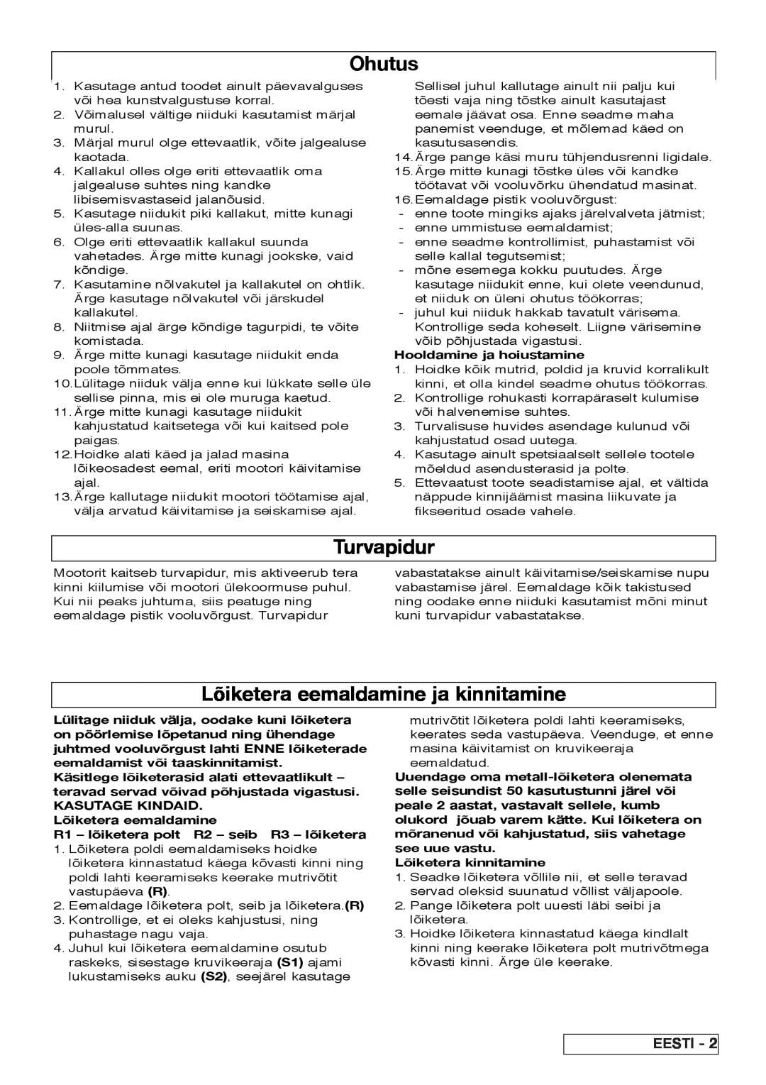 Flymo VM032 manual Turvapidur, Lõiketera eemaldamine ja kinnitamine, Eesti, Ohutus, Hooldamine ja hoiustamine 