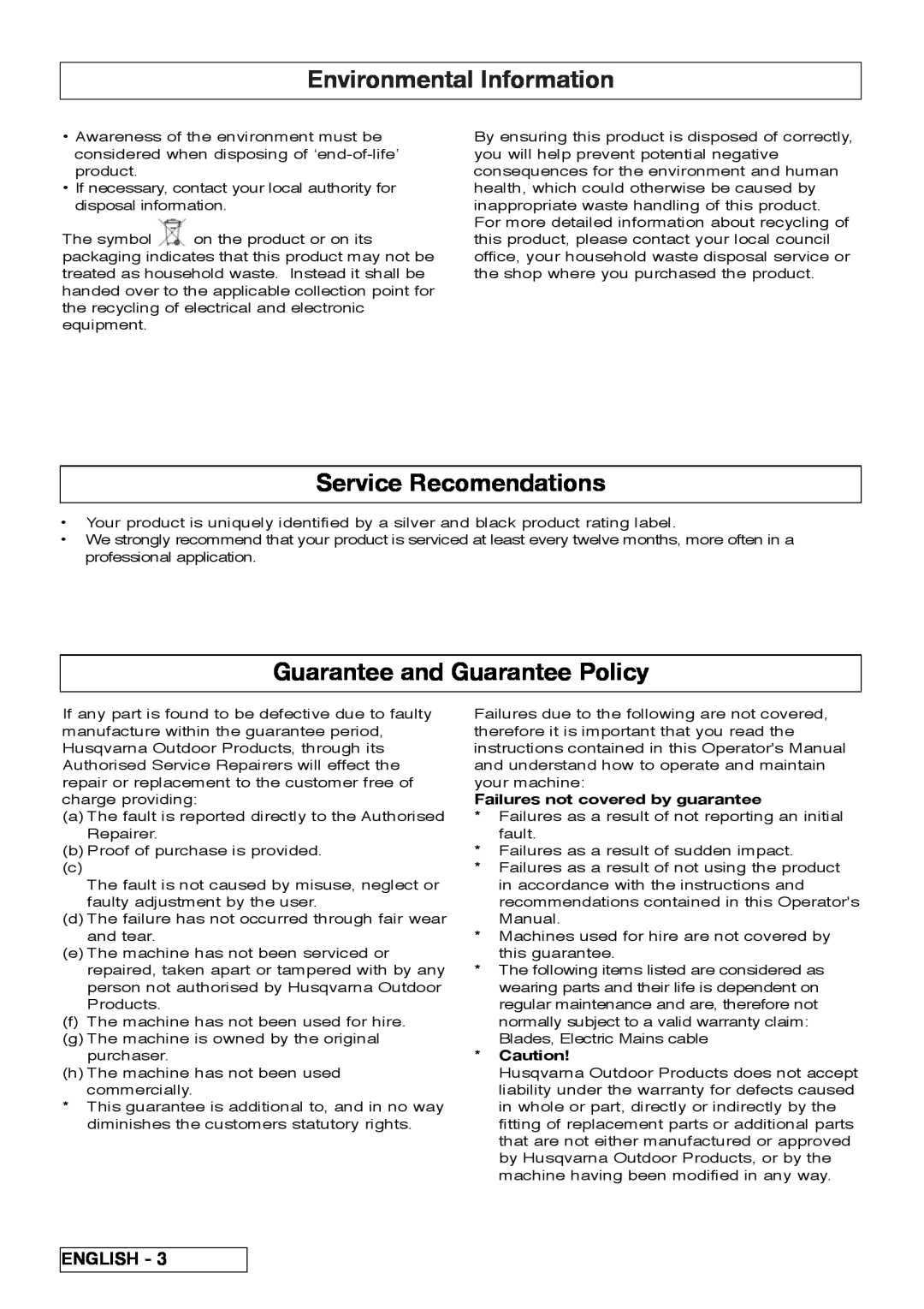 Flymo VM032 manual Environmental Information, Service Recomendations, Guarantee and Guarantee Policy, English 