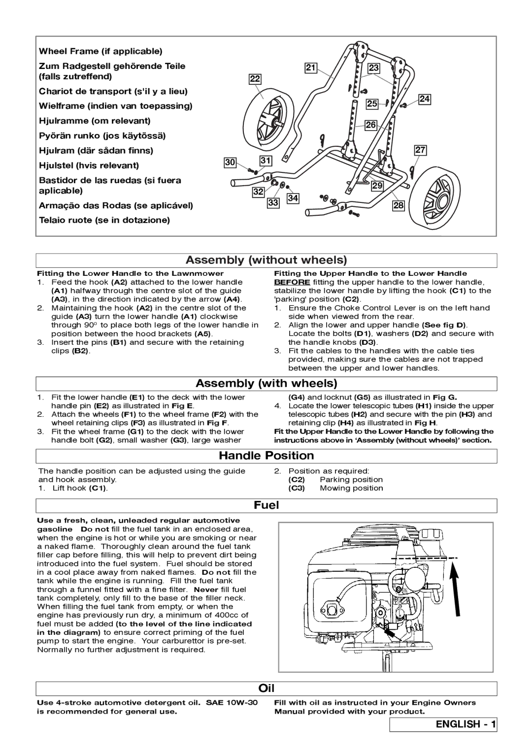 Flymo XL500, XL550 manual Assembly without wheels, Assembly with wheels, Handle Position, Fuel, Oil 