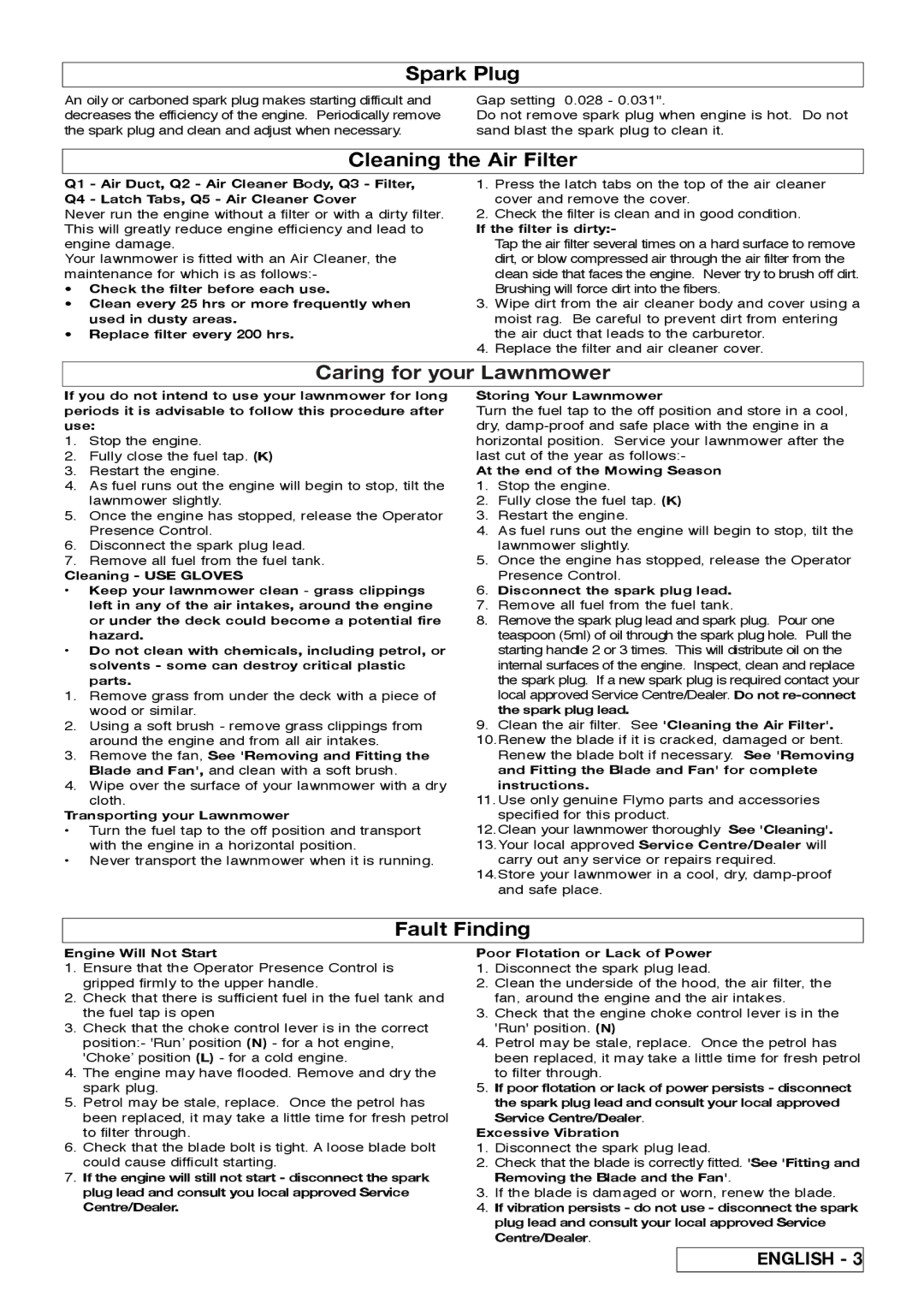 Flymo XL500, XL550 manual Spark Plug, Cleaning the Air Filter, Caring for your Lawnmower, Fault Finding 