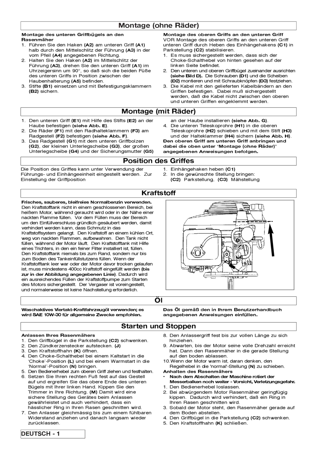 Flymo XL550, XL500 manual Montage ohne Räder, Montage mit Räder, Position des Griffes, Kraftstoff, Starten und Stoppen 