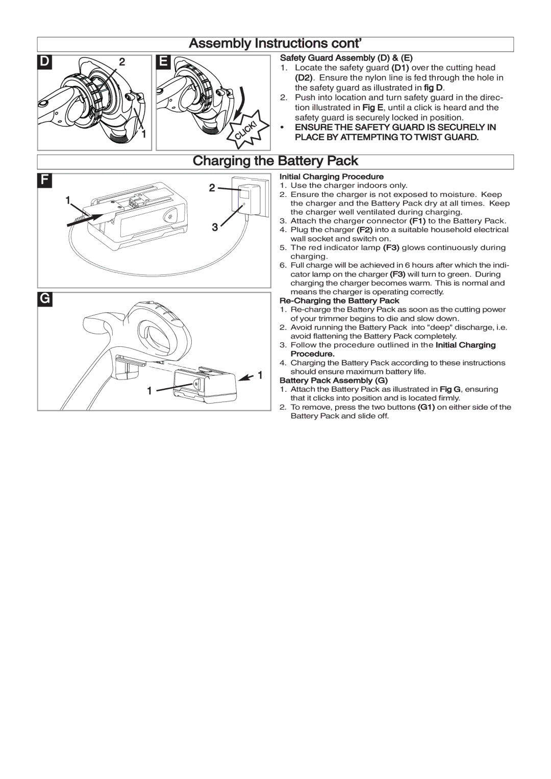 Flymo XT manual Assembly Instructions cont’, Charging the Battery Pack, Safety Guard Assembly D & E 