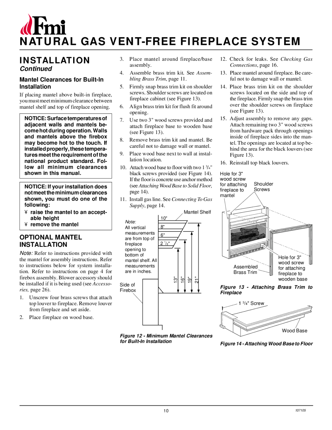 FMI FMH26TN installation manual Optional Mantel Installation, Mantel Clearances for Built-In Installation 