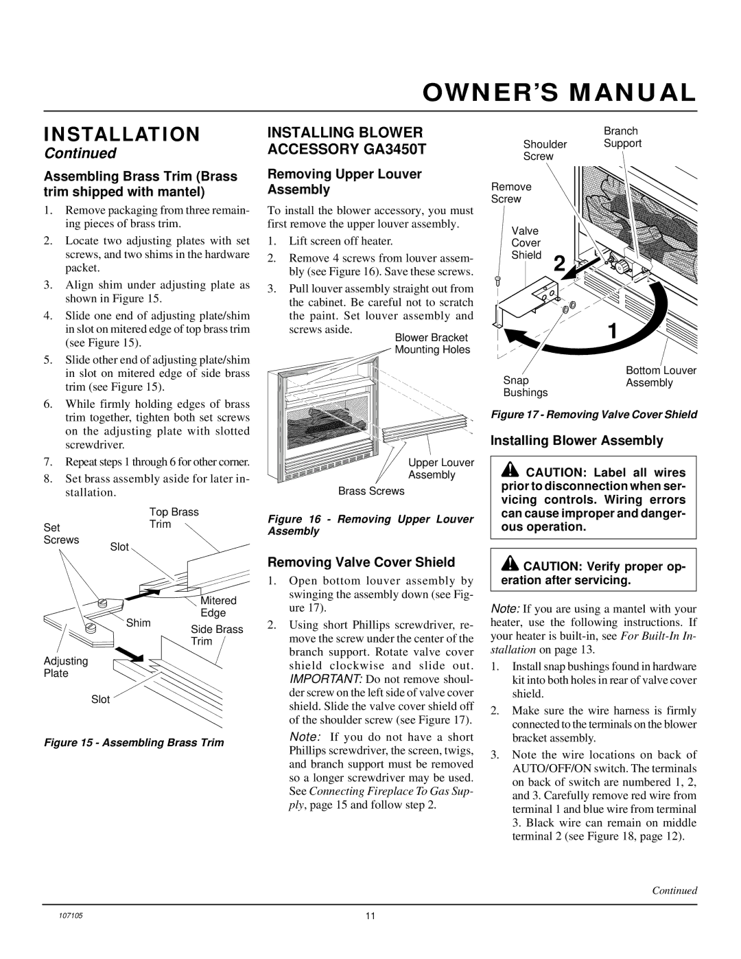 FMI FMH26TN installation manual Installing Blower Accessory GA3450T, Assembling Brass Trim Brass trim shipped with mantel 