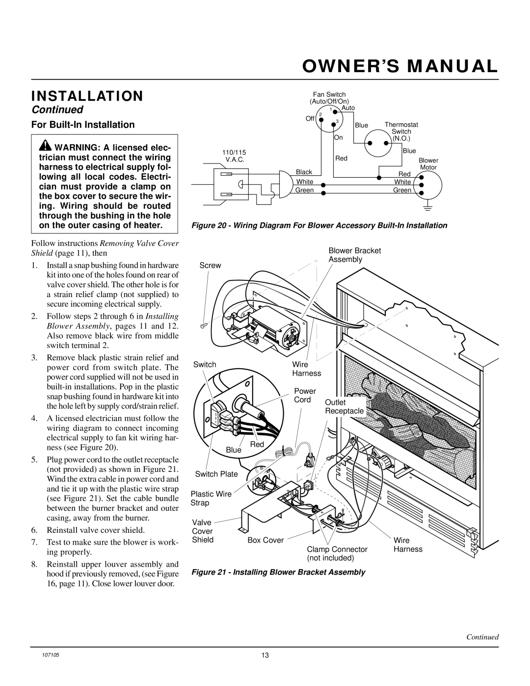 FMI FMH26TN installation manual For Built-In Installation, Wiring Diagram For Blower Accessory Built-In Installation 