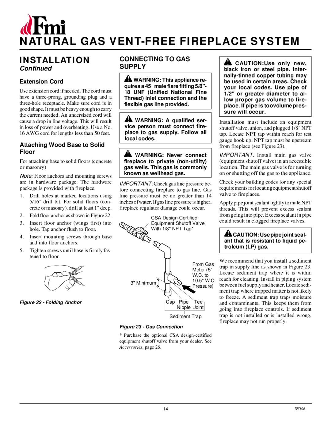 FMI FMH26TN installation manual Connecting to GAS Supply, Extension Cord, Attaching Wood Base to Solid Floor 