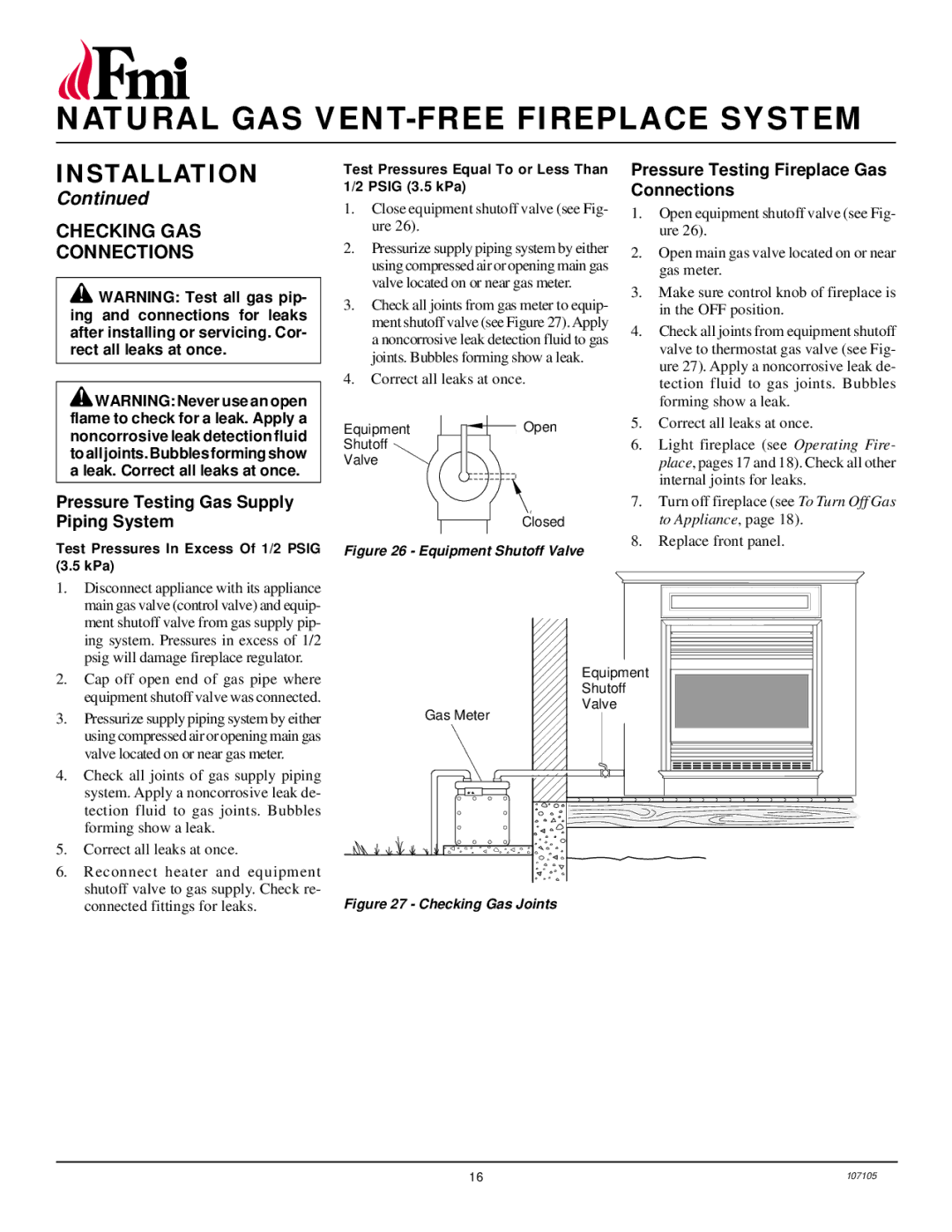 FMI FMH26TN installation manual Checking GAS Connections, Pressure Testing Gas Supply Piping System 