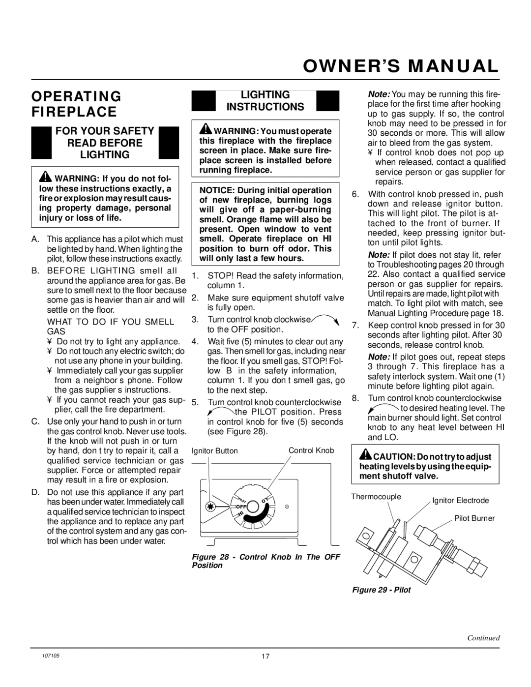 FMI FMH26TN installation manual Operating Fireplace, For Your Safety Read Before Lighting, Lighting Instructions 