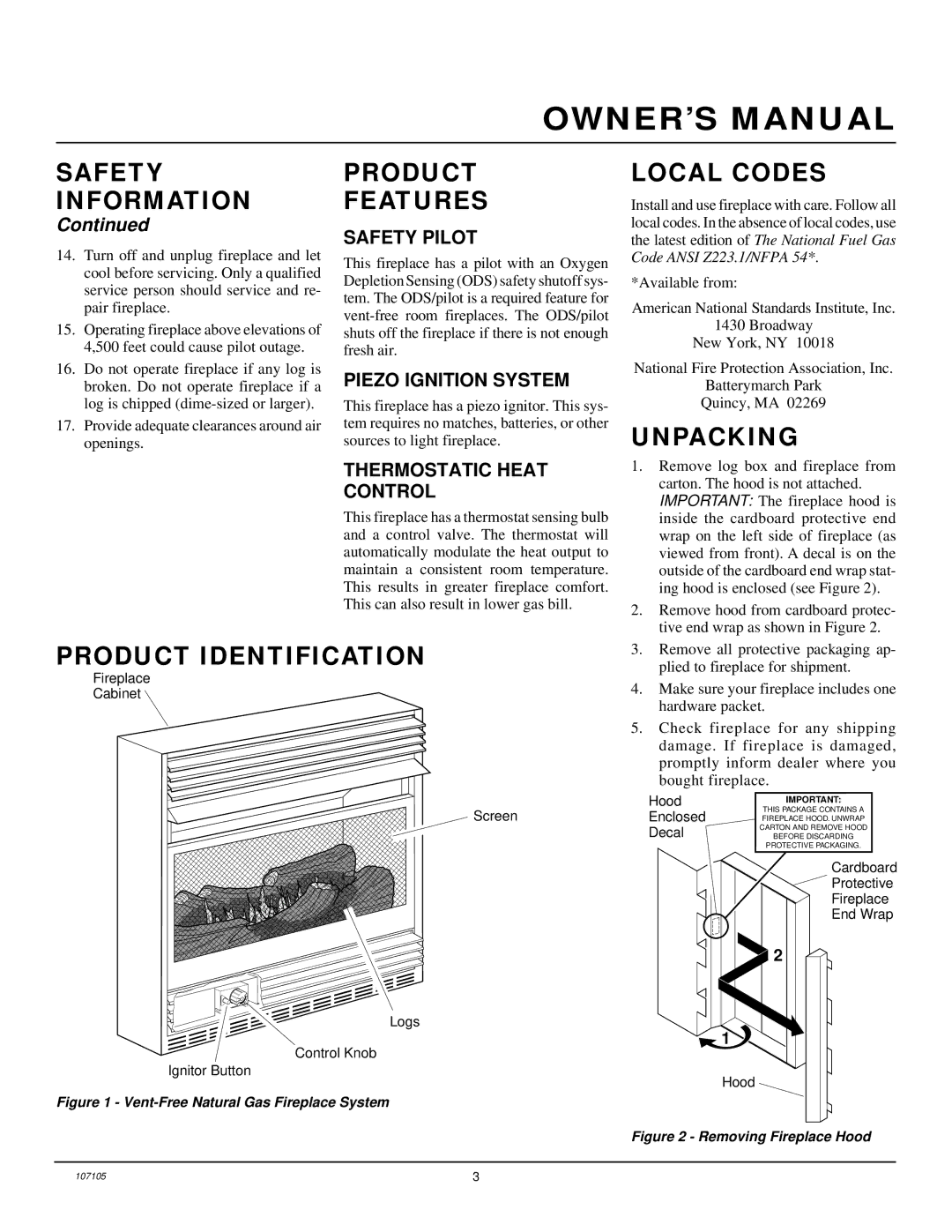 FMI FMH26TN installation manual Product Features, Local Codes, Unpacking, Product Identification 