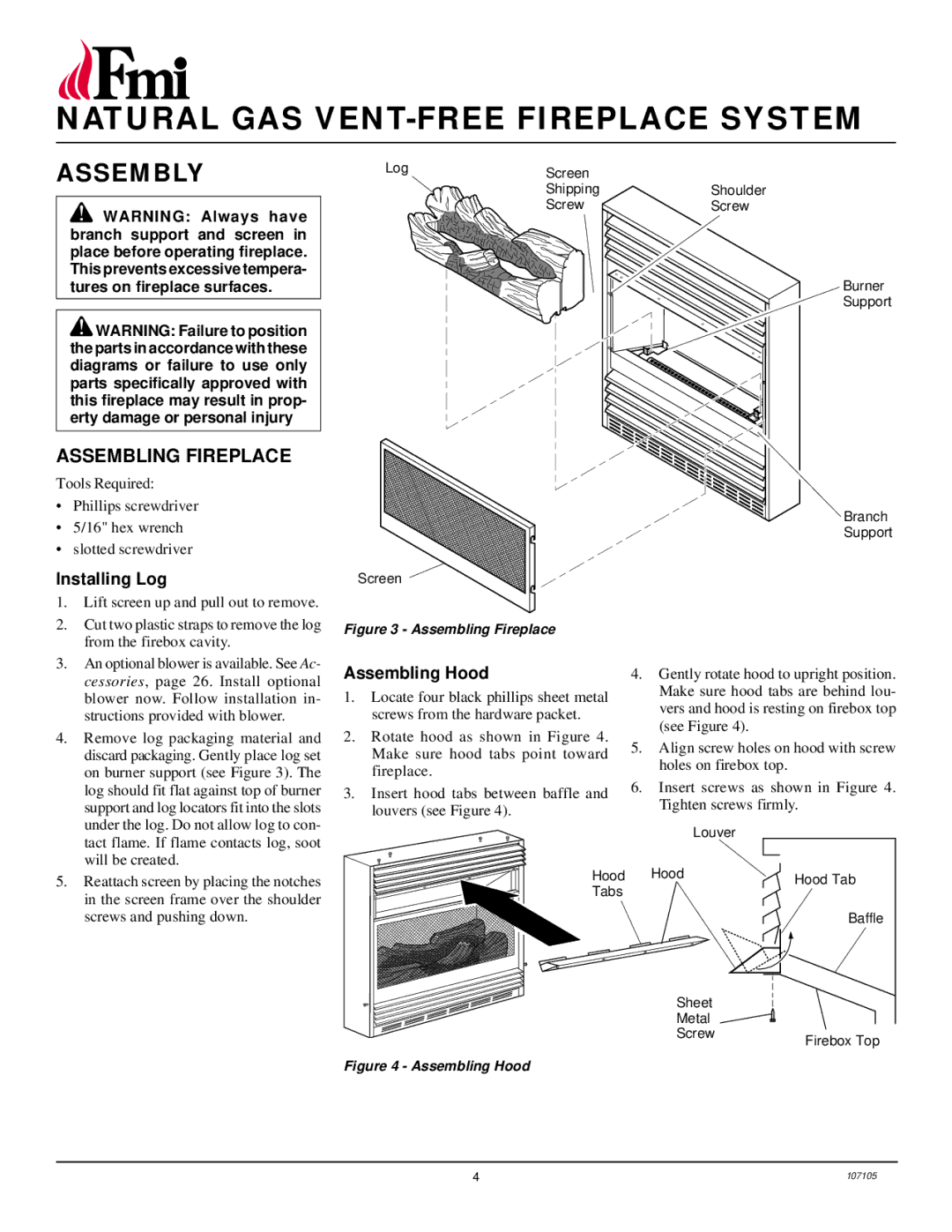 FMI FMH26TN installation manual Assembly, Assembling Fireplace, Installing Log, Assembling Hood 