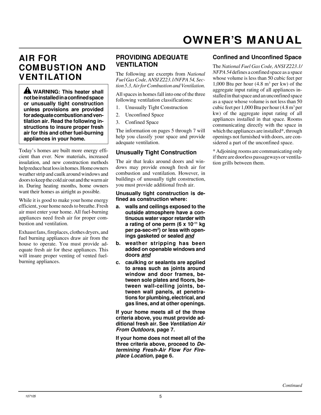 FMI FMH26TN AIR for Combustion and Ventilation, Providing Adequate Ventilation, Unusually Tight Construction 