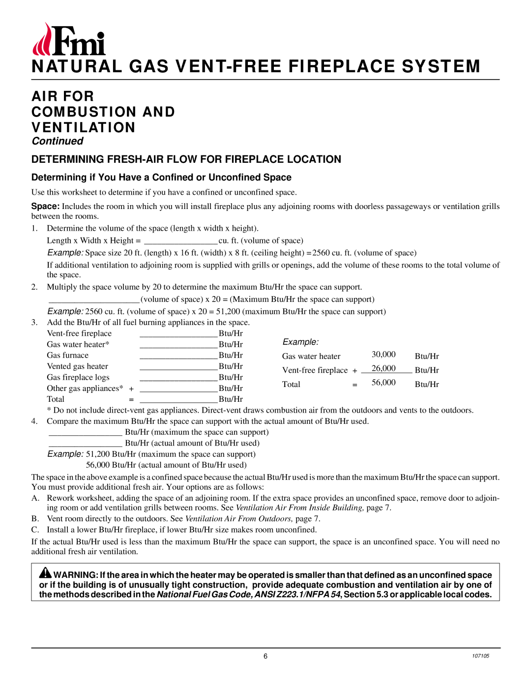 FMI FMH26TN installation manual AIR for Combustion Ventilation, Determining FRESH-AIR Flow for Fireplace Location 