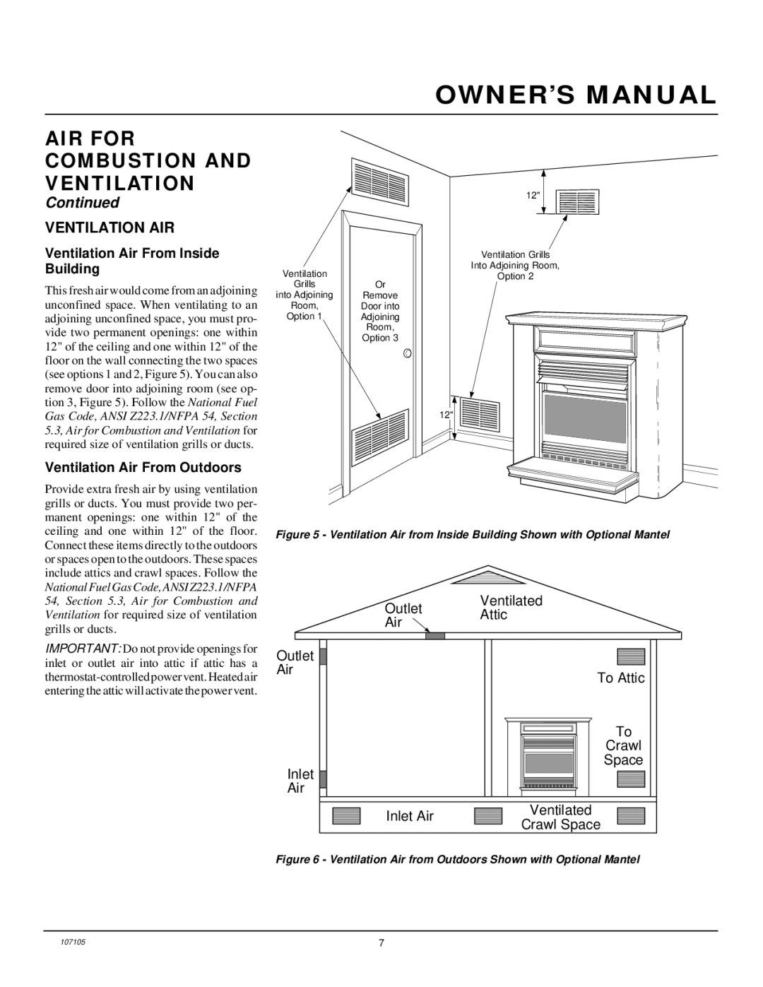 FMI FMH26TN installation manual Ventilation AIR, Ventilation Air From Inside Building, Ventilation Air From Outdoors 