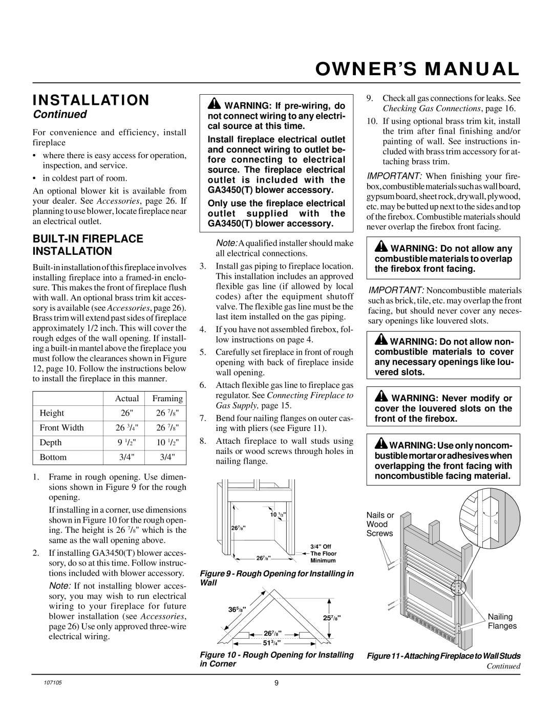 FMI FMH26TN installation manual BUILT-IN Fireplace Installation, Rough Opening for Installing in Wall 