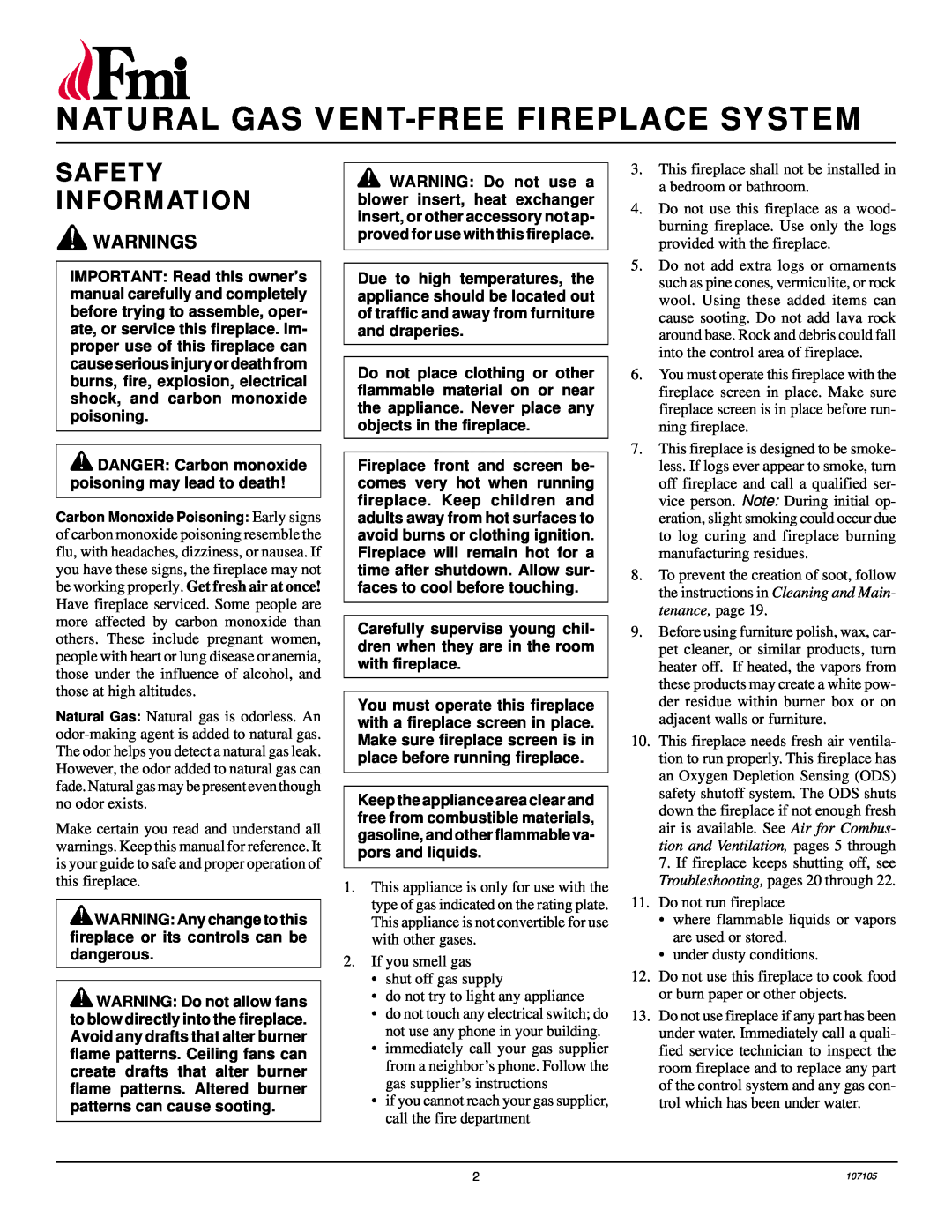 FMI FMH26TN installation manual Natural Gas Vent-Freefireplace System, Safety Information, Warnings 