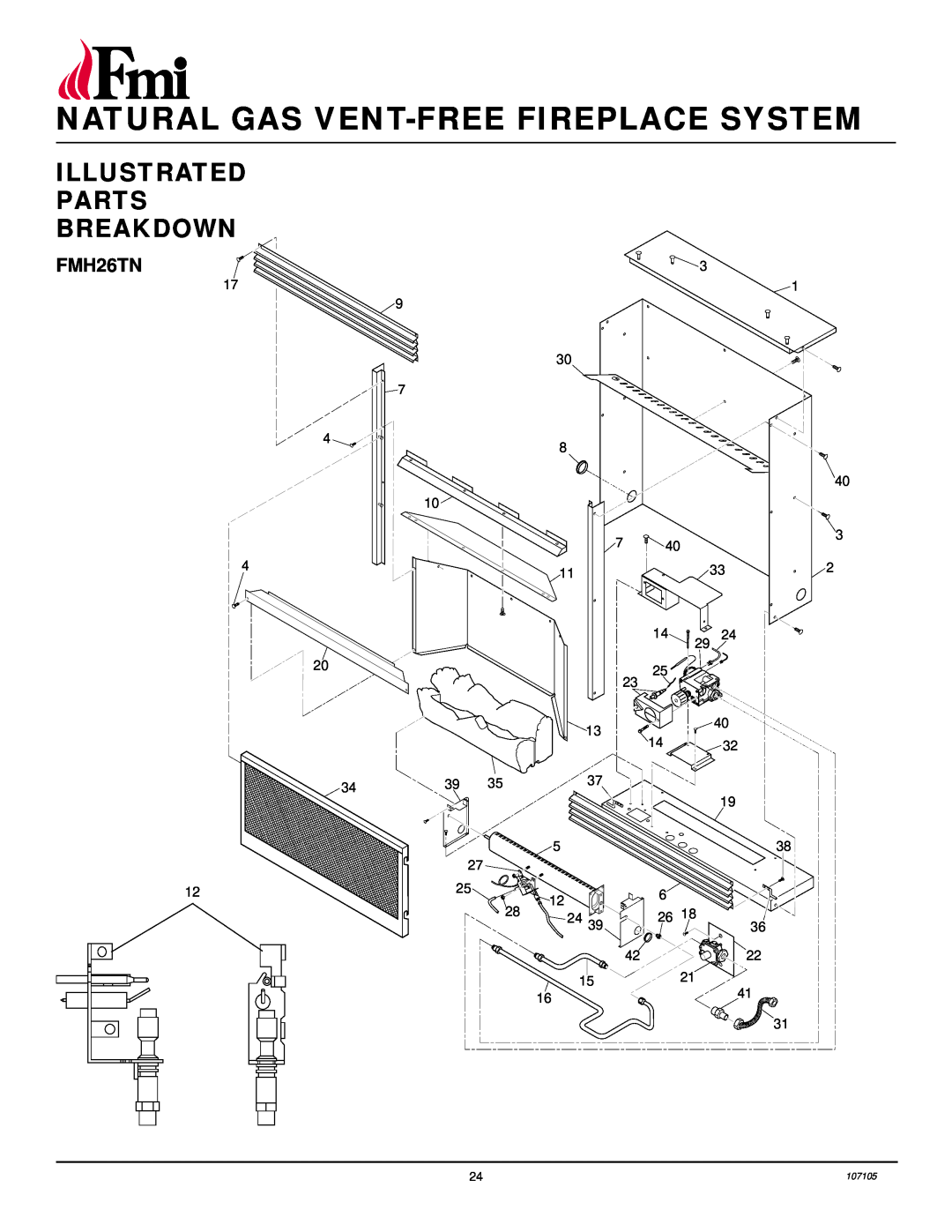 FMI FMH26TN installation manual Illustrated Parts Breakdown, Natural Gas Vent-Freefireplace System 