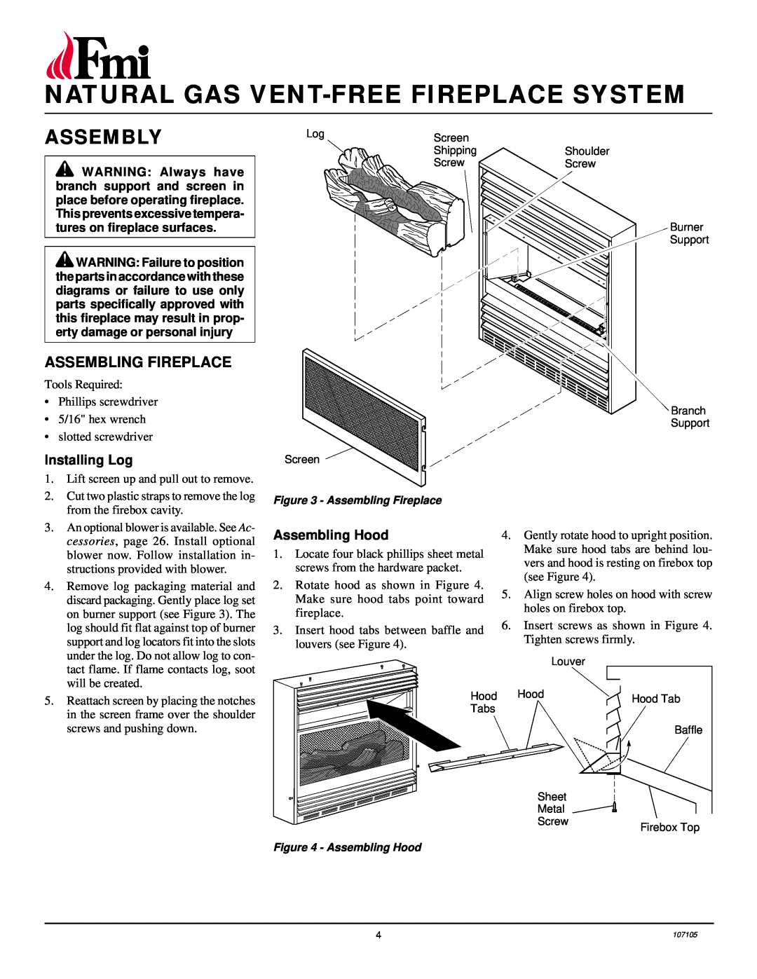 FMI FMH26TN Assembly, Assembling Fireplace, Installing Log, Assembling Hood, cessories, page 26. Install optional 