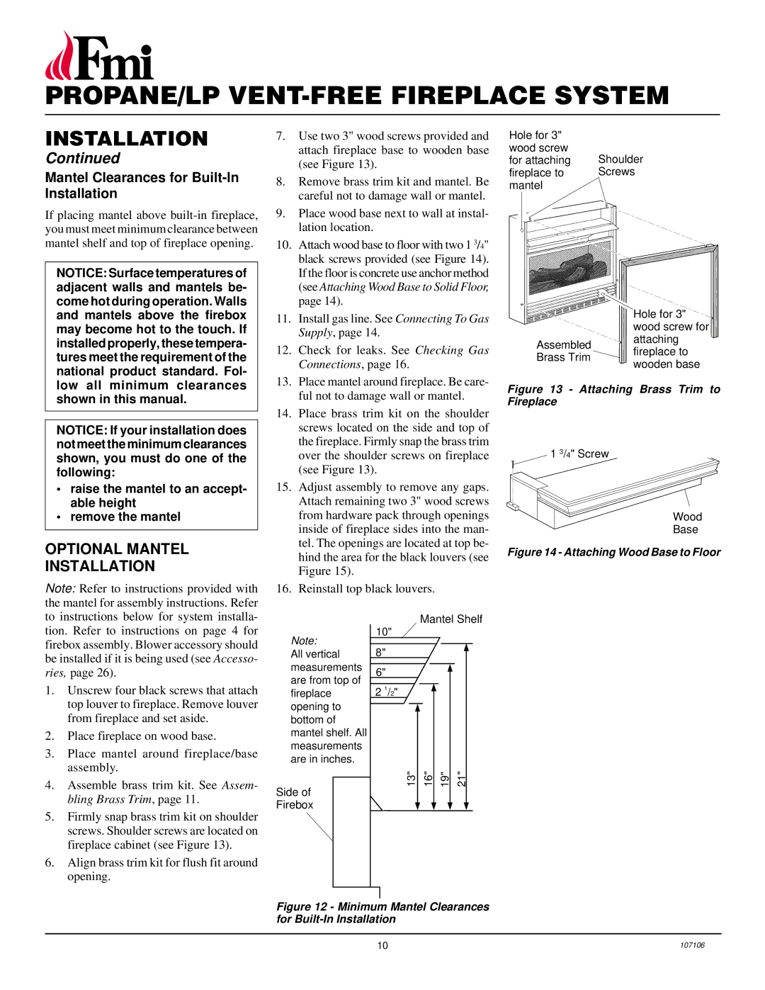 FMI FMH26TP installation manual Optional Mantel Installation, Mantel Clearances for Built-In Installation 