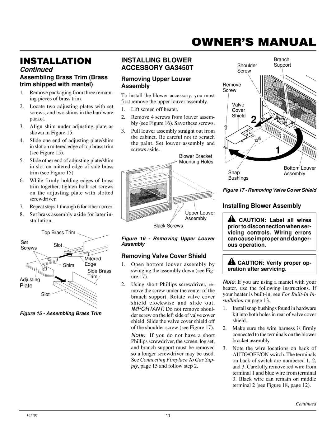 FMI FMH26TP installation manual Installing Blower Accessory GA3450T, Assembling Brass Trim Brass trim shipped with mantel 