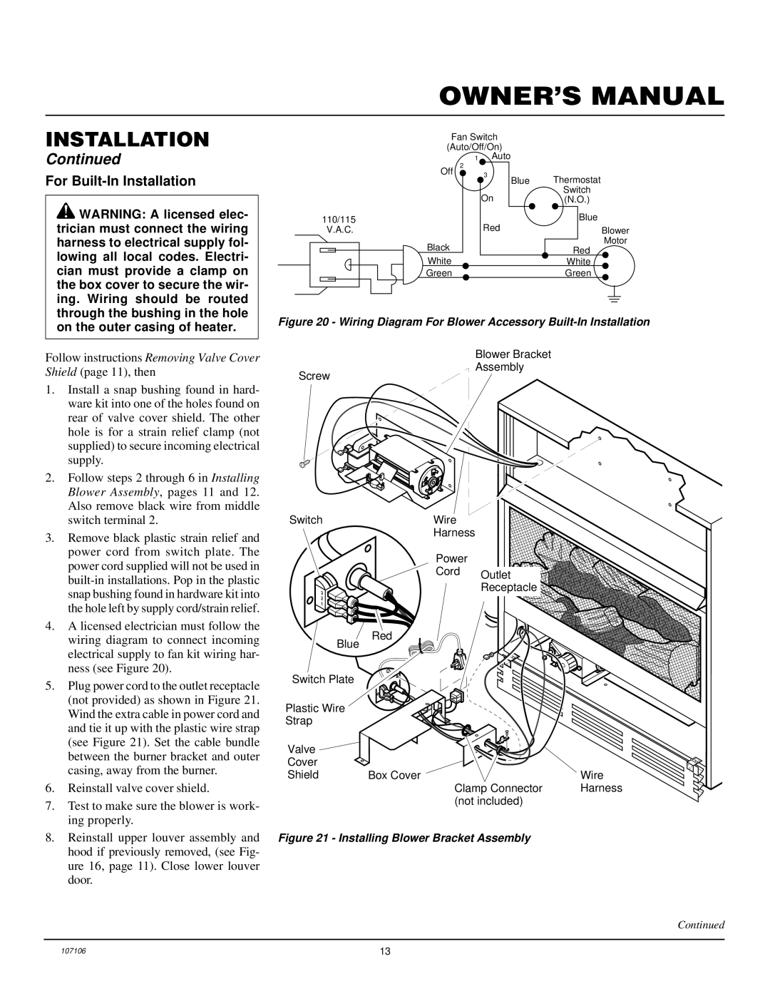 FMI FMH26TP installation manual For Built-In Installation, Wiring Diagram For Blower Accessory Built-In Installation 