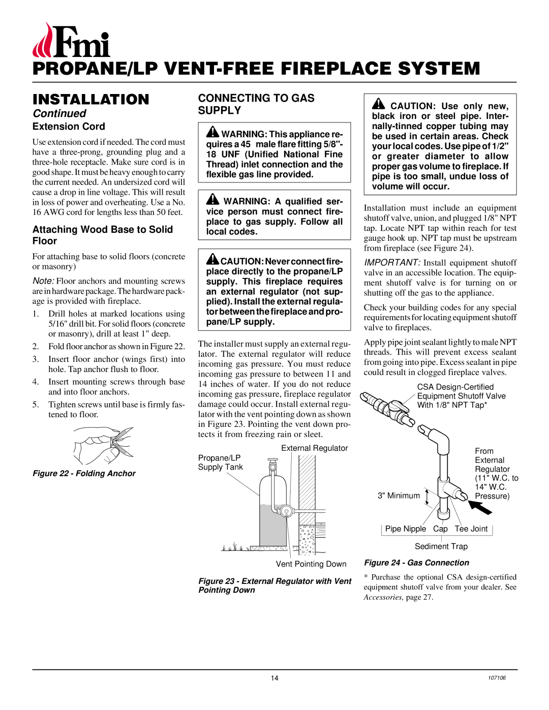 FMI FMH26TP installation manual Connecting to GAS Supply, Extension Cord, Attaching Wood Base to Solid Floor 