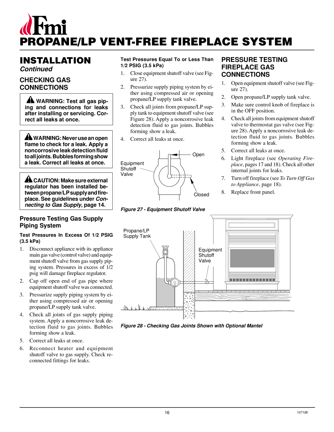 FMI FMH26TP installation manual Checking GAS Connections, Pressure Testing Fireplace GAS Connections 