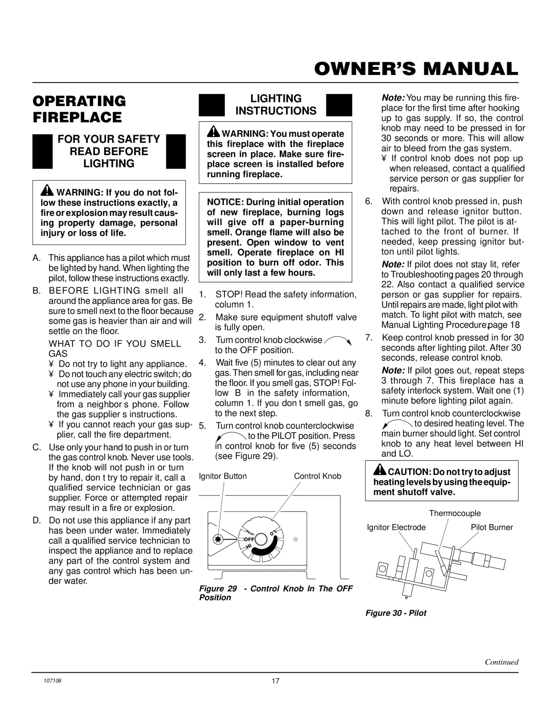 FMI FMH26TP installation manual Operating Fireplace, For Your Safety Read Before Lighting, Lighting Instructions 