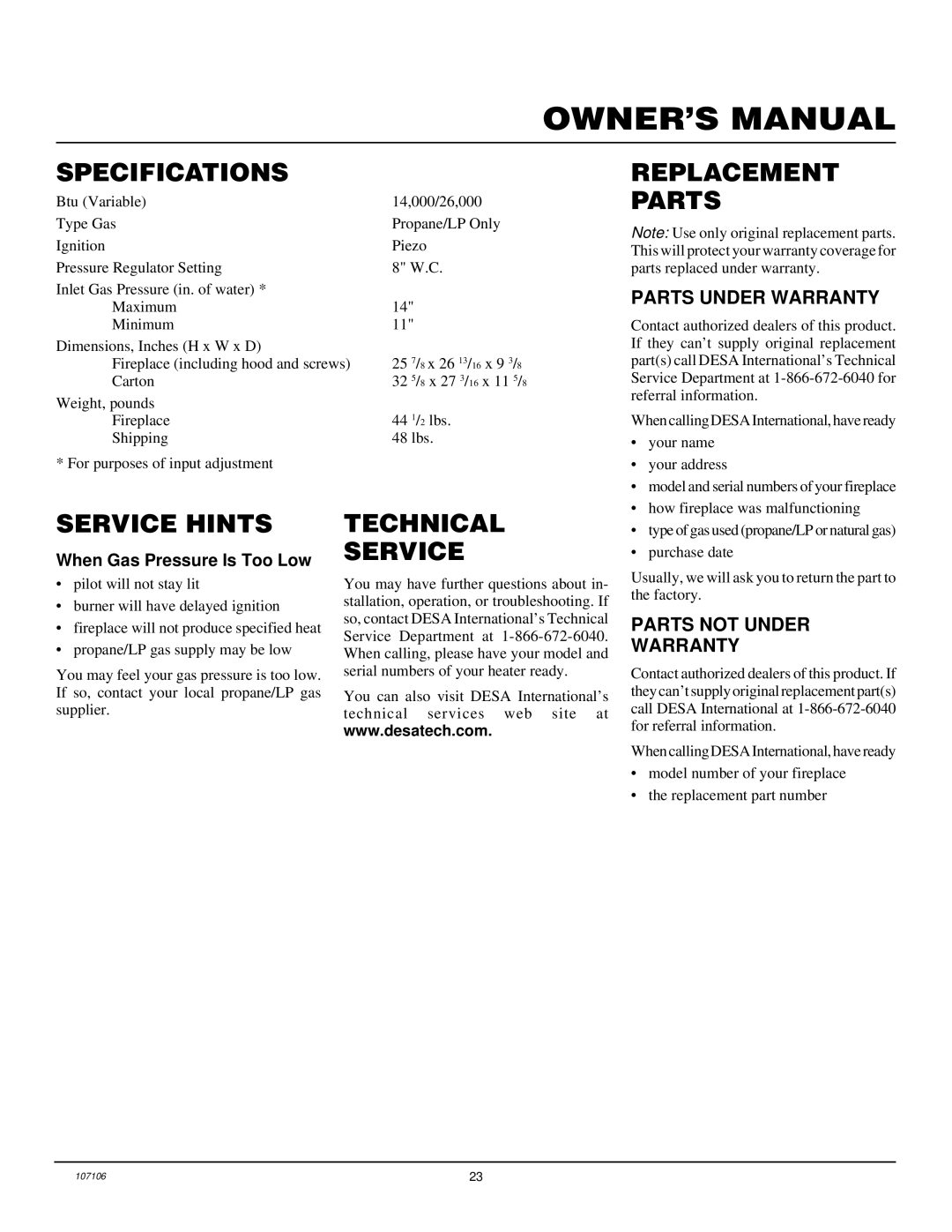 FMI FMH26TP installation manual Specifications, Replacement Parts, Service Hints, Technical Service 