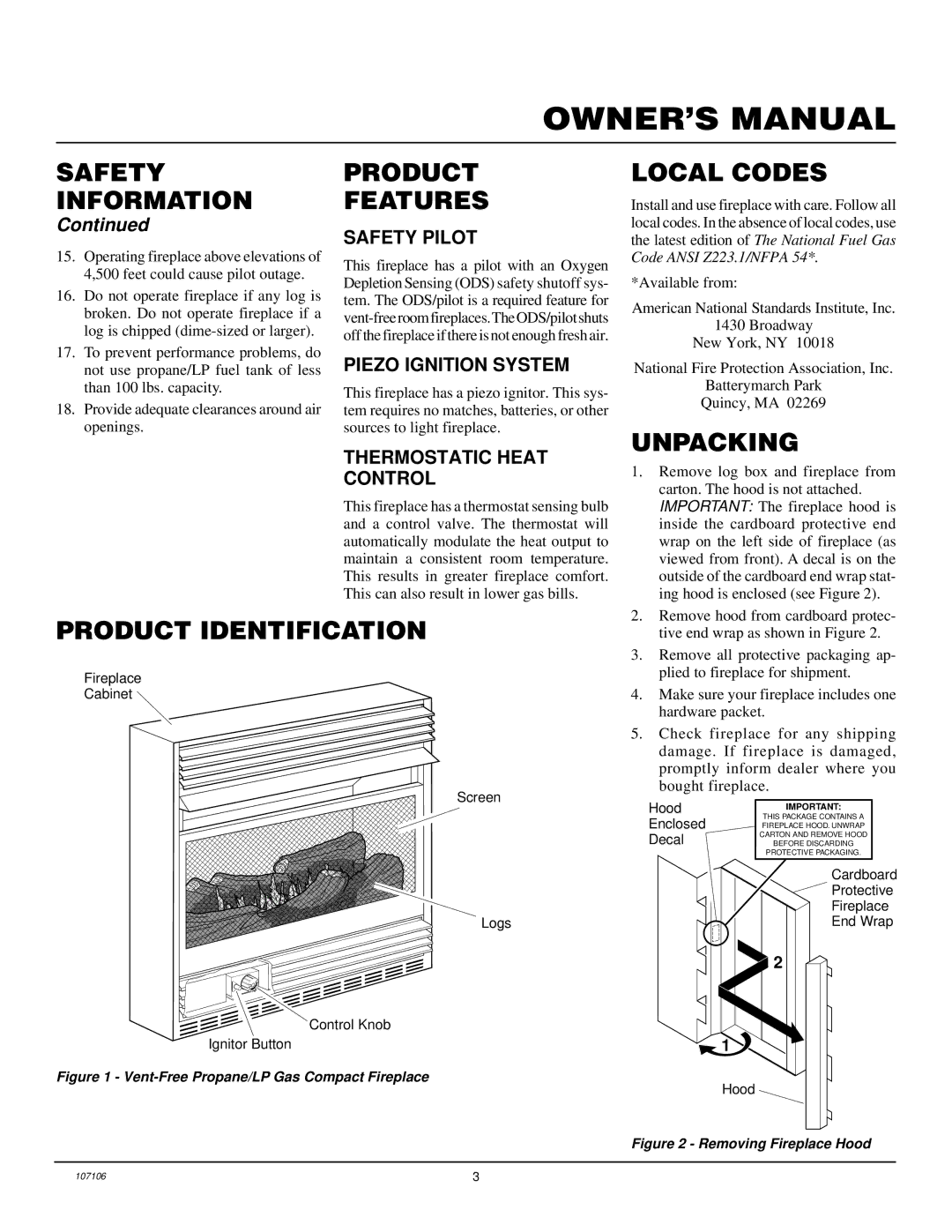 FMI FMH26TP installation manual Product Features, Local Codes, Product Identification, Unpacking 