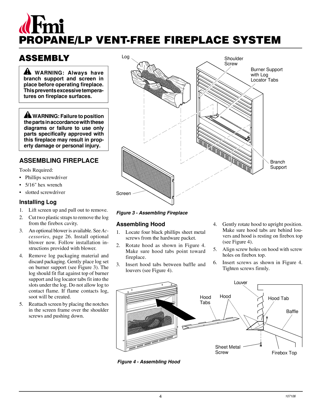 FMI FMH26TP installation manual Assembly, Assembling Fireplace, Installing Log, Assembling Hood 