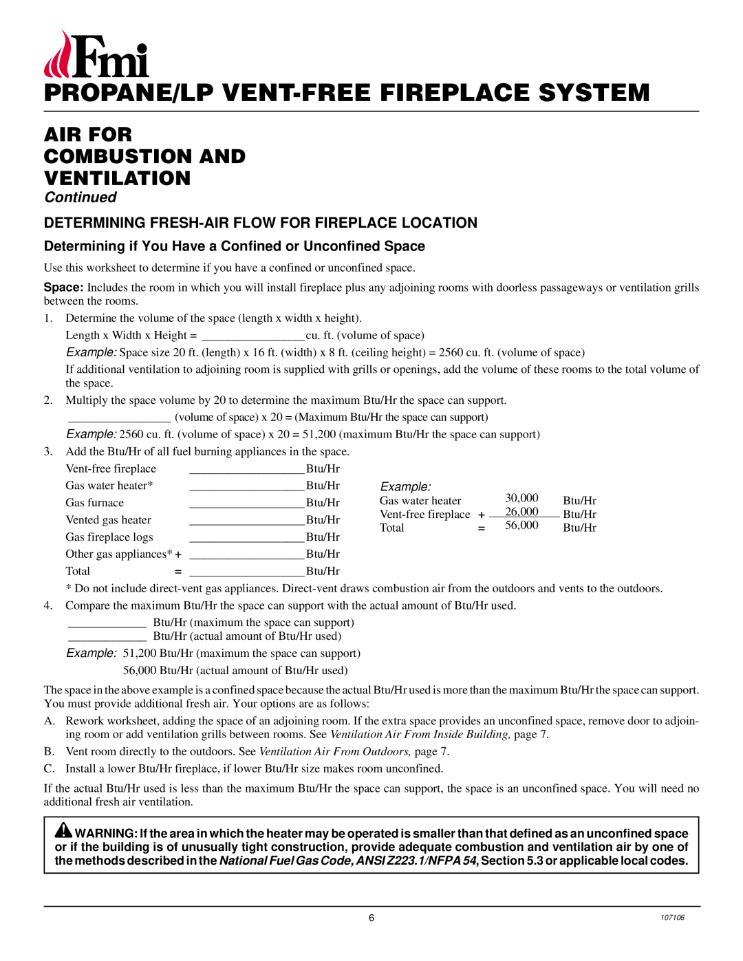 FMI FMH26TP installation manual AIR for Combustion Ventilation, Determining FRESH-AIR Flow for Fireplace Location 